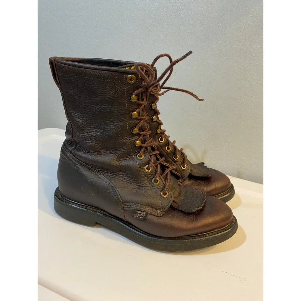 Justin Original Workboots Mens‎ 7.5 D Brown Leather Kiltie Lace Up Boots 0761